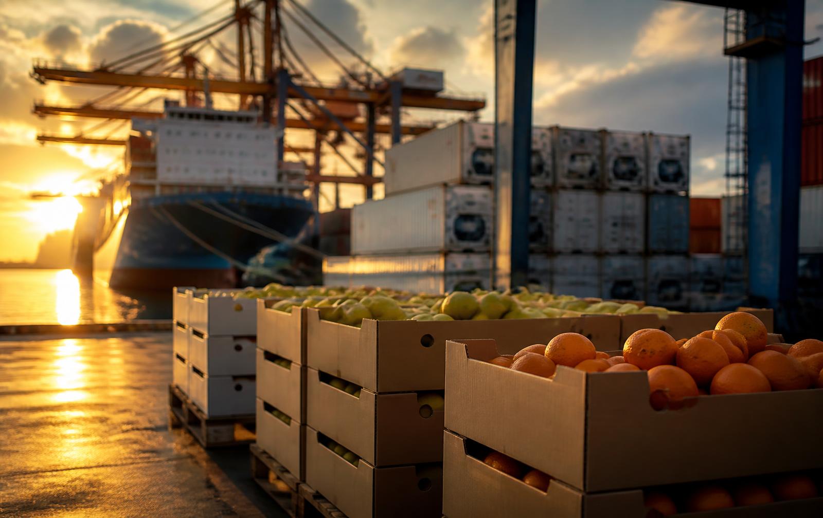 Export cartons of fresh fruit stacked at an Indian shipping port